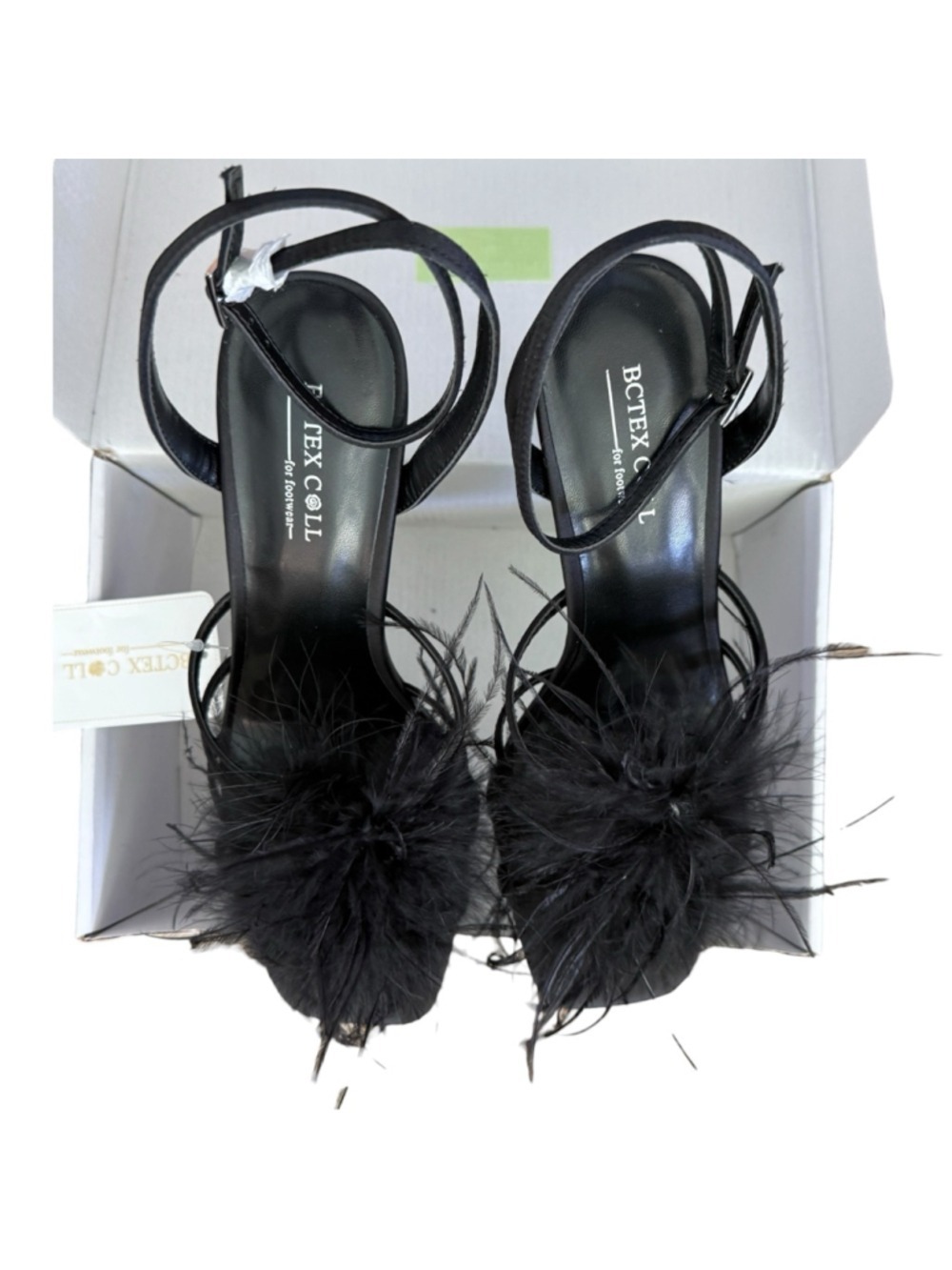 BCTEX COLL Feather Heels Black Satin Sandals Size 8.5 NWT Glam Party Shoes - Picture 6 of 7